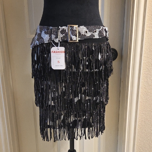 Black and White Cow Print Fringe Skirt NWT - Picture 2 of 16